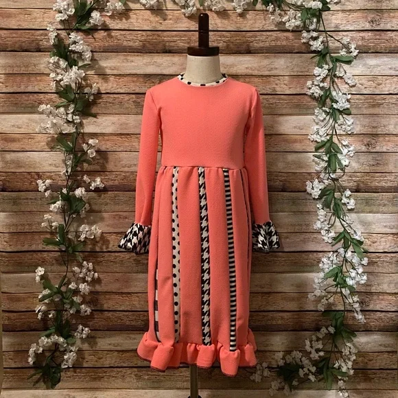 Hot Pink, Black, & White Mixed Pattern Little Girls Scrappy Dress - Picture 4 of 5